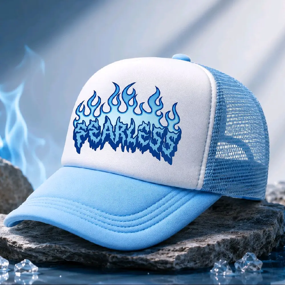 Topi Trucker Stiker DTF Biru dengan Desain Menarik untuk Gaya Fashion anda.