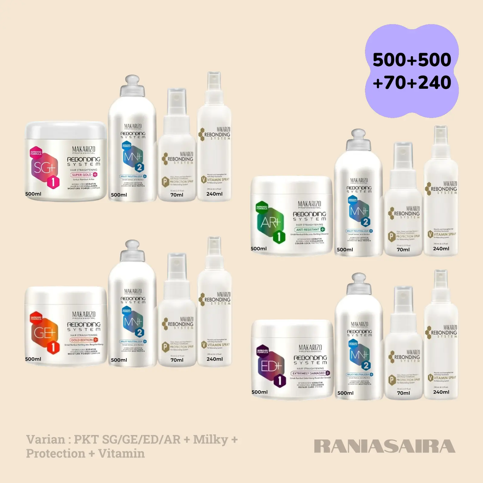 PAKET Lengkap Makarizo Rebonding System Step1 500ml + Step2 Milky + Vitamin Spray 240ml + Protection 70ml