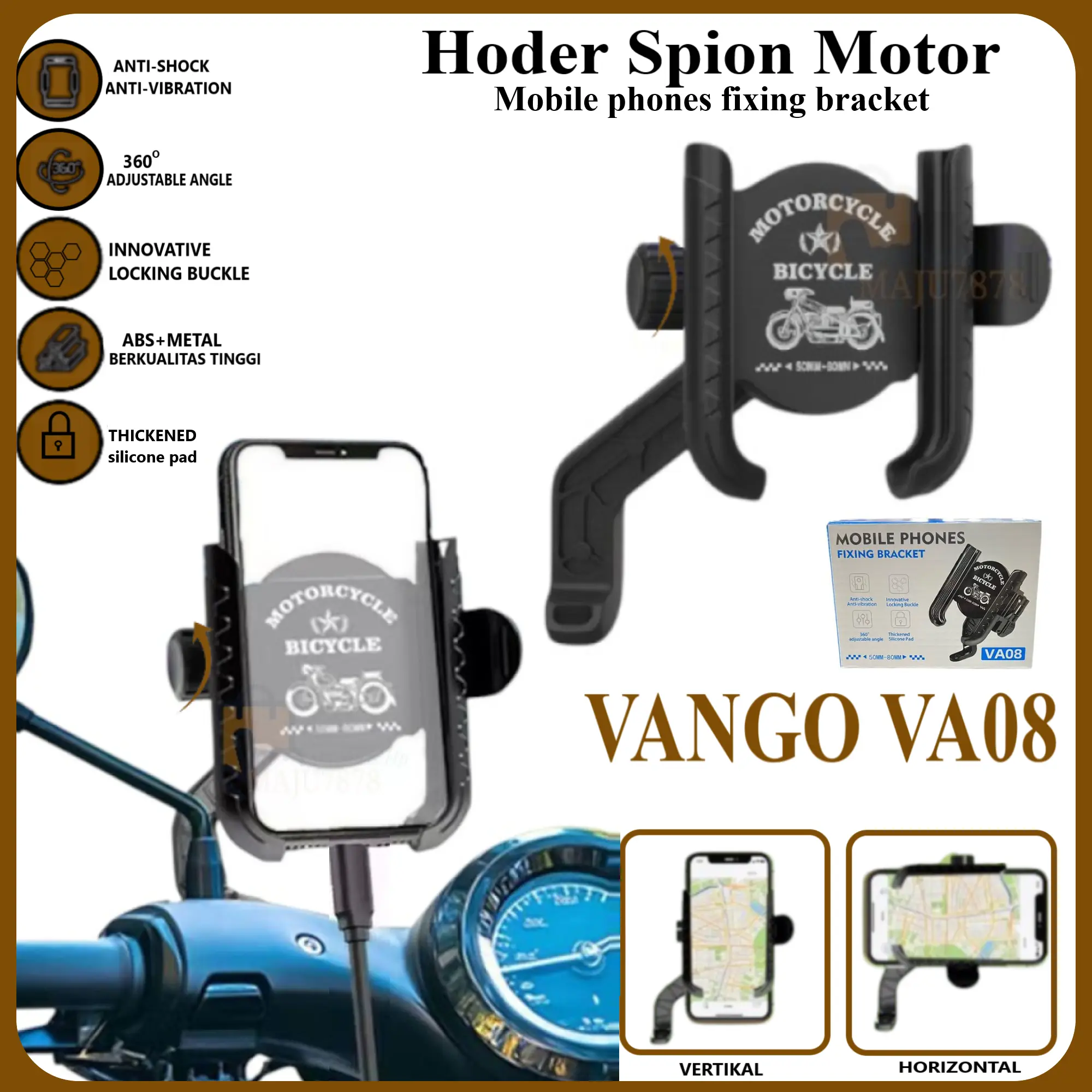 Vango VA08 Phone Holder Hp Motor Spion Anti-Shock & Anti-Vibration 360° Adjustable Angle ABS+Metal Berkualitas Tinggi untuk Sepeda Motor