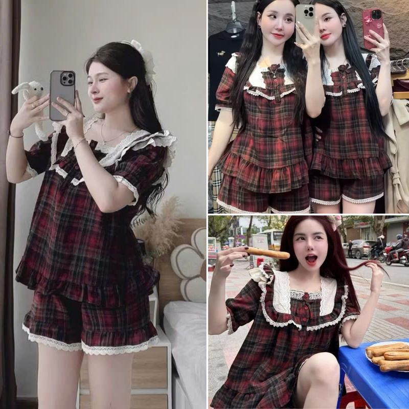 Set đồ pijama cho nữ, set đồ mặc nhà nữ kiểu dáng babydoll pha ren kẻ caro cổ vuông tiểu thư