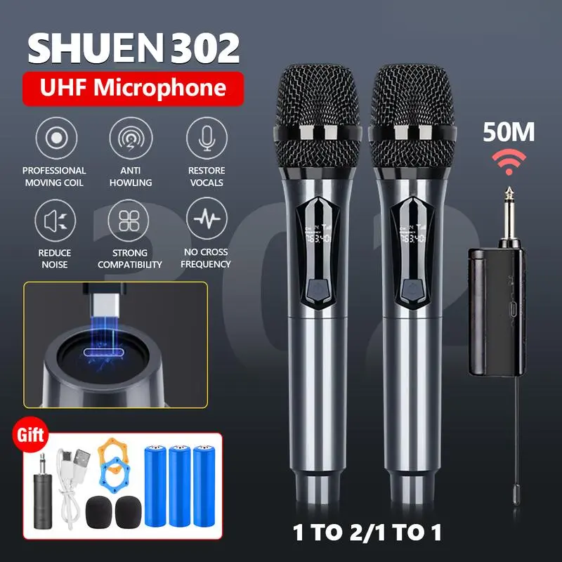 Micro không dây Jeetruck, Bộ đôi, Công nghệ Shuer, Không dây, Khoảng cách nhận 50m, Có Thể Sạc Lại, Thích hợp cho Karaoke, Đám Cưới, DJ, Tiệc tùng, Thảo luận, Nhà thờ, Lớp học, Chất liệu hợp kim, Tương thích với máy tính, Karaoke mic aux micro không dây