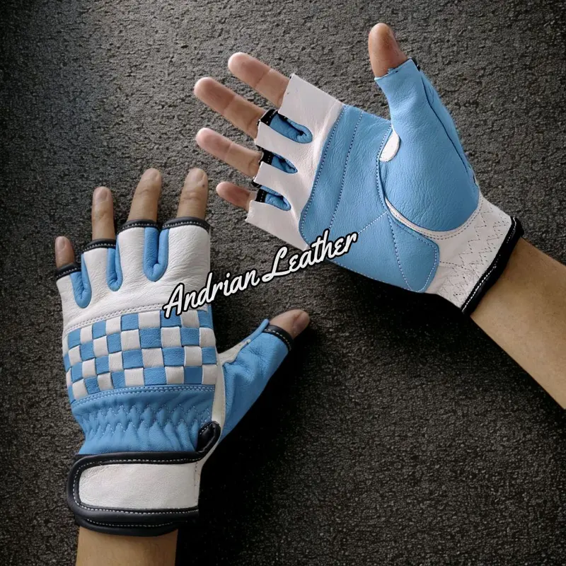 Sarung Tangan Motor Checkerboard Kulit Asli Retro klasik Pendek Setengah Jari Corak Catur warna untuk pria wanita 2