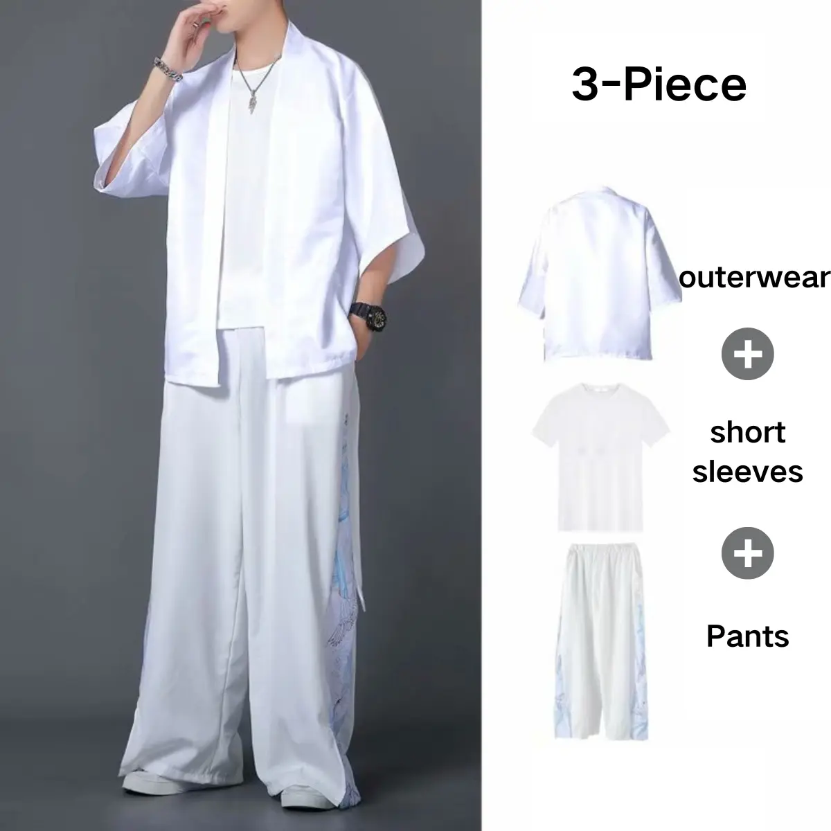 Solid color hanbok three-piece suit, kimono set, summer casual sunscreen half-sleeve ancient style shirt, unisex Menswear