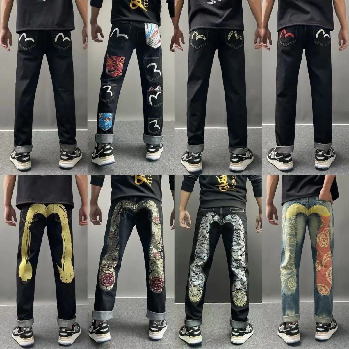Jeans Size M Washed Denim jacquard embroidery loose plus size straight tube ripped pants Fashion brand