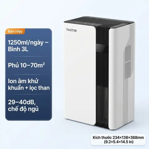 Máy Hút Ẩm Không Khí 2 Trong 1 Kèm Lọc Không Khí Ion Âm, Dung Tích Lớn 3L, Hút 1500ml/Ngày, Chống Ẩm Mốc Mùa Nồm, Êm Ái Cho Phòng Ngủ (Phủ 60m2)