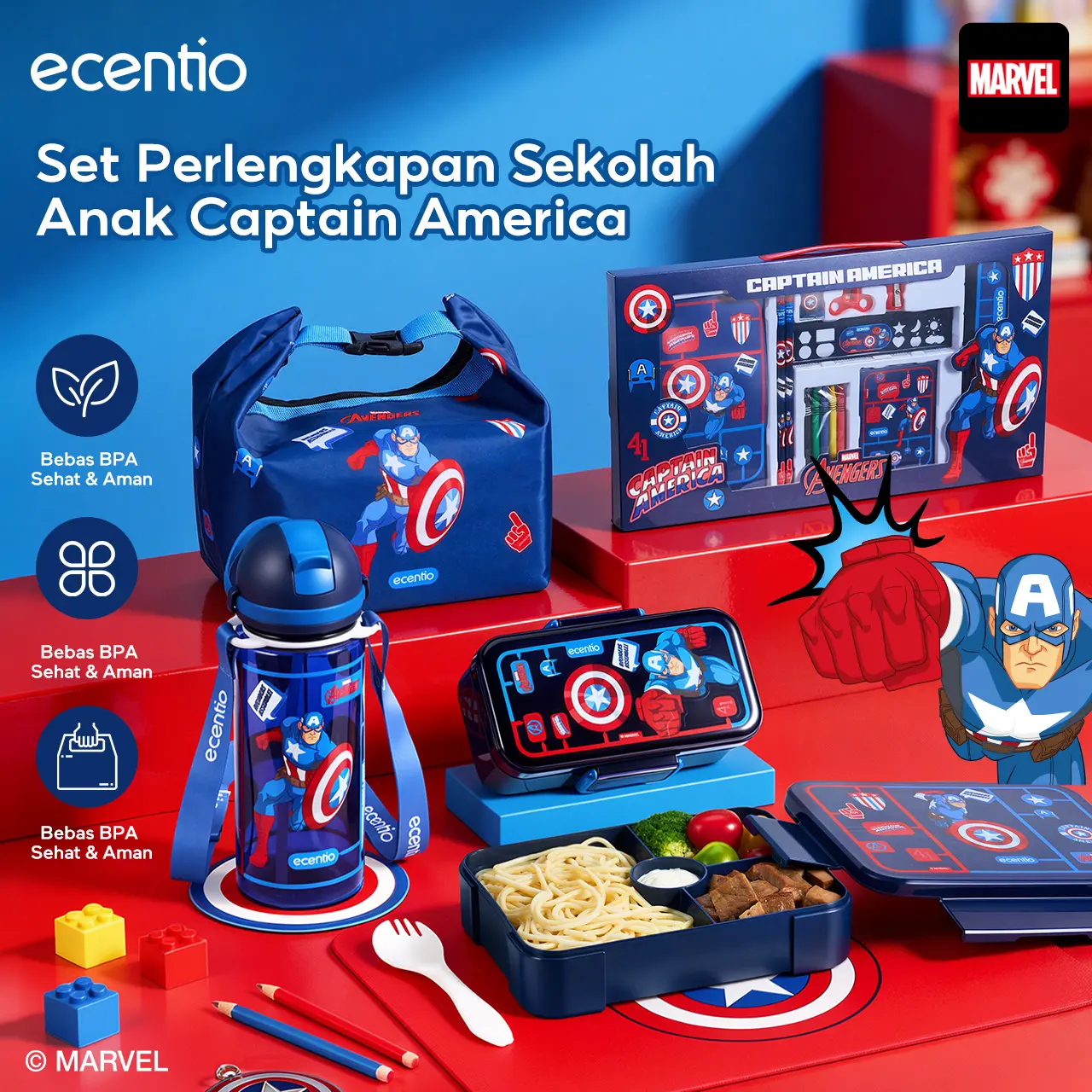 【official】【K】ecentio × Marvel【Set Kembali Sekolah】 Marvel Captain America -Ringan Mudah Disimpan Kapasitas Pas Dilengkapi Tali Selempang Kotak Makan 950ML + Botol Air 550ML + Tas Bekal + Alat Tulis