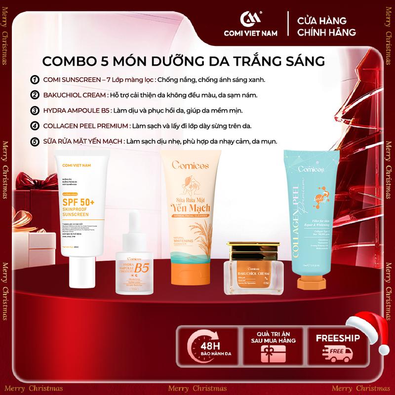  Combo 5 Món Chăm Sóc Da: 1 Sữa Rửa Mặt Yến Mạch 100ML + 1 Peel Collagen 4K 75ML + 1 Serum B5 HA 20ML  + 1 Kem Face Bakuchiol 20G + 1 Kem Chống Nắng .  Hỗ Trợ Mờ Thâm  Dưỡng Trắng Chống Nắng Cấp  Ẩm... 