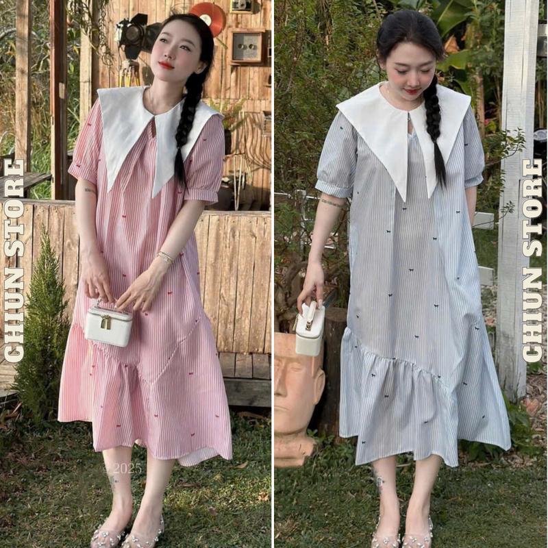 Đầm Bầu Công Sở, Váy Bầu Tiệc Cộc Tay Cổ Nhọn Họa Tiết Kẻ Hoa Nơ Chân Váy Lệch Xinh Cộc Tay Mùa Hè Đi Làm Đi Chơi M919 CHiun Store Nữ Women Dress Dáng Dài Hồng Xanh