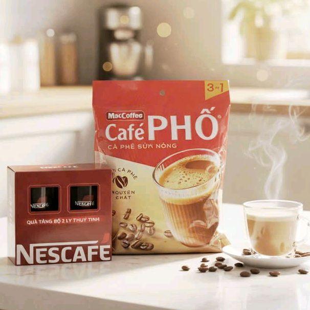  MacCoffee Café PHỐ Cà phê sữa nóng 40 gói   tặng kèm bộ 2 ly thủy timh   pha nóng hoặc lạnh 