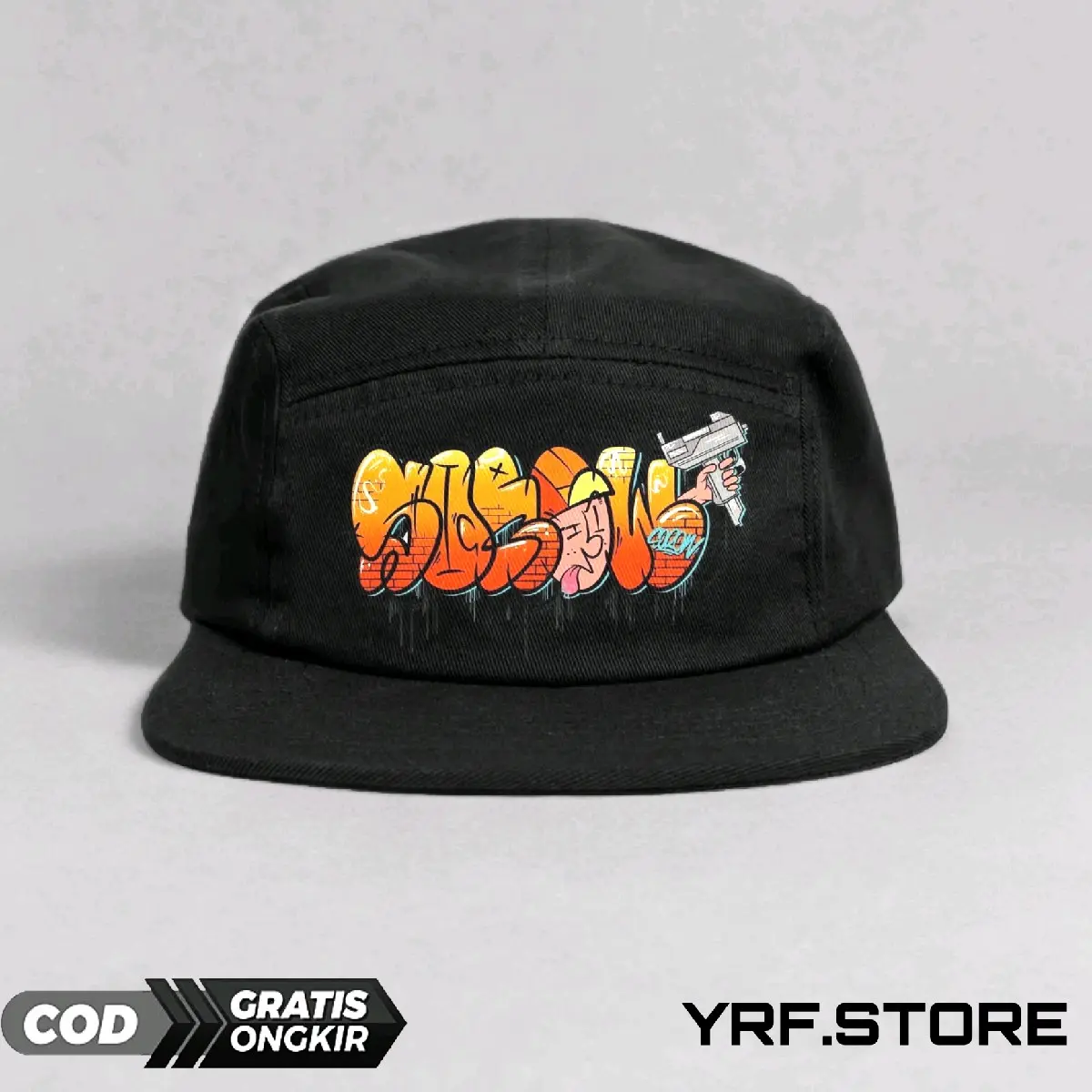 topi skena,Topi Snapback 5 Panel YRF.STORE Warna Hitam dengan logo graffiti skena ,Topi skena,five panel snapback
