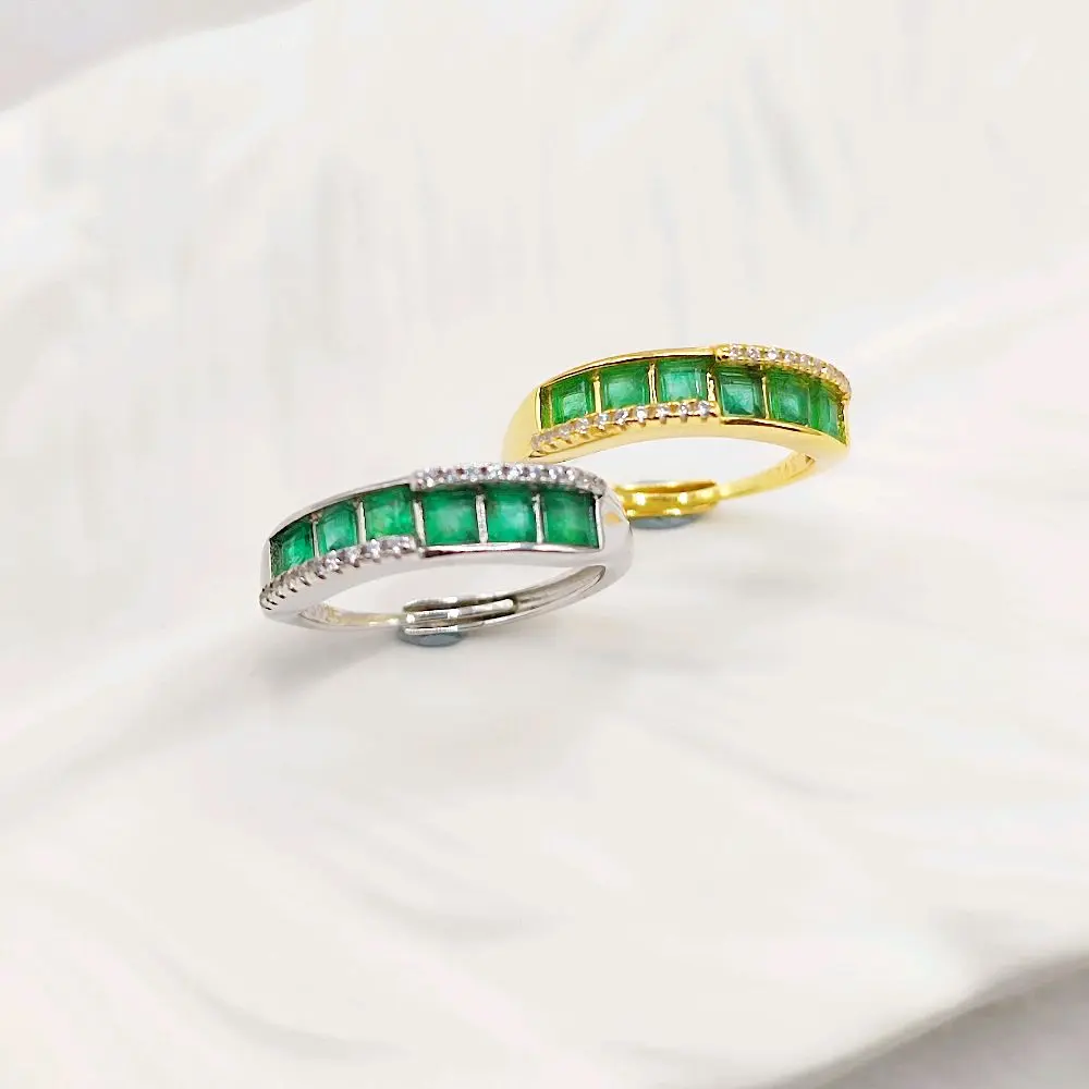 Natural Emerald Half Eternity Silver/YG Ring