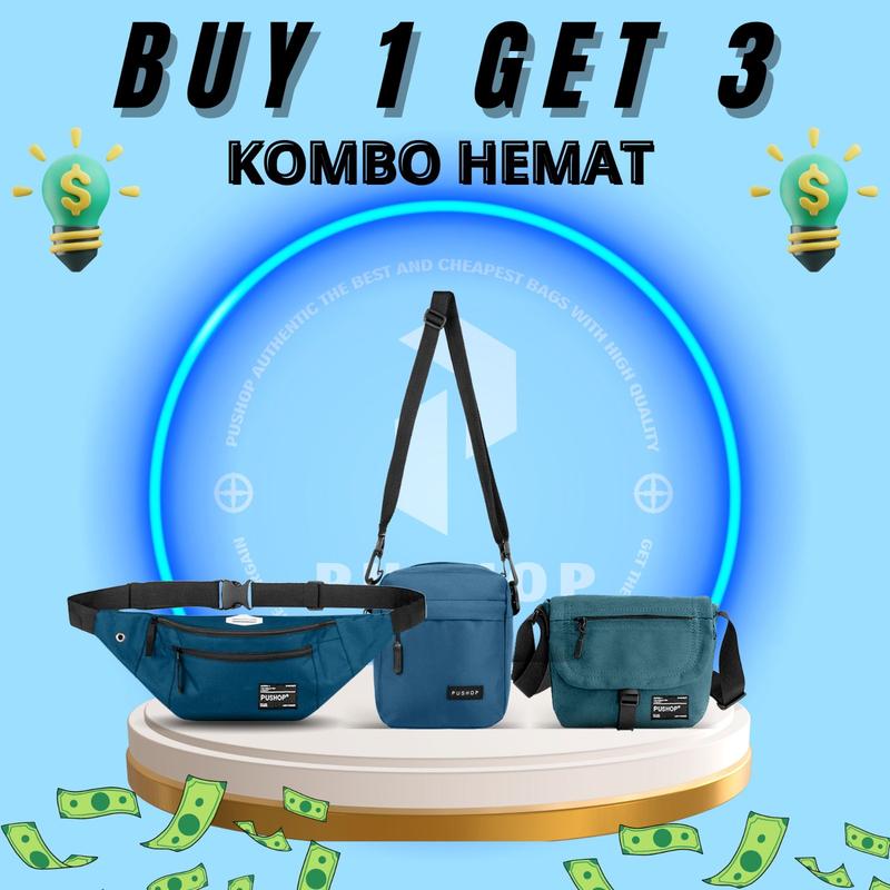 PUSHOP PAKET BUNDLING HEMAT PSHP45K-02 - Paket Tas Selempang Pria Wanita 45 Ribu Dapat 3pcs Tas Slingbag Canvas dan Mini Sling bag Casual Polos Cowok Cewek Hitam Pria 2