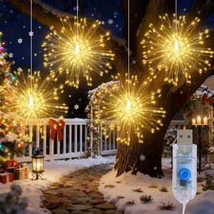 4pcs Cadena de luces de hadas colgantes, 360 bombillas LED, Luces de fuegos artificiales intermitentes de alambre de cobre, 8 modos de iluminación, Alimentado por USB, Decoraciones navideñas para interiores