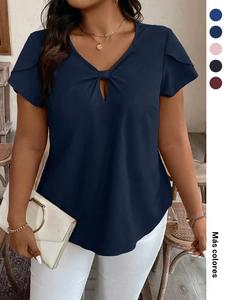 【 Talla grande 】 Blusa de color sólido, blusa informal de manga corta para verano, ropa Plus para mujer para uso diario