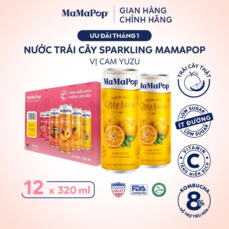  Mamapop thùng 12 lon nước trái cây sparkling vị Cam Yuzu 330ml - Kết hợp với trái cây tự nhiên giàu Vitamin C 
