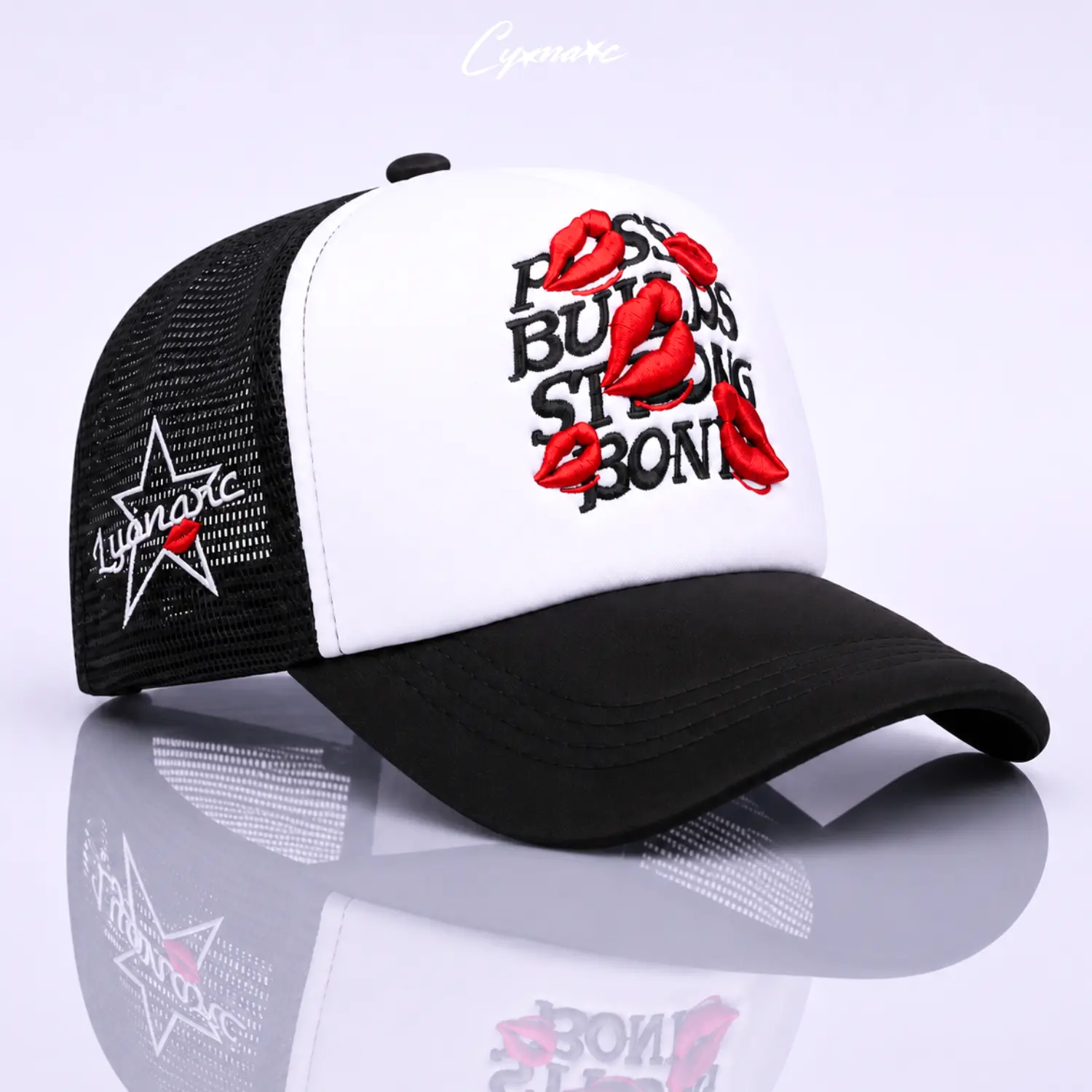 LYONARC Topi Jaring Kalcer Skena Style y2k Bordir Motif Red Lips Hitam Putih Keren Gaul Kece Cowok Cewek Trucker Hat Cap Pria dan Wanita Dewasa