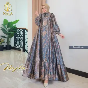 Najla Dress Silk Sutra Premiumm Ziper Depan Aksen Rempel Pundak Tali leher pergelangan tangan smoke bawah lebar rempel Cantik Panjang Pesta Mewah Simple Nyaman Gamis Wanita  Muslim  Gaun Lebaran Syari  Kondangan Motif