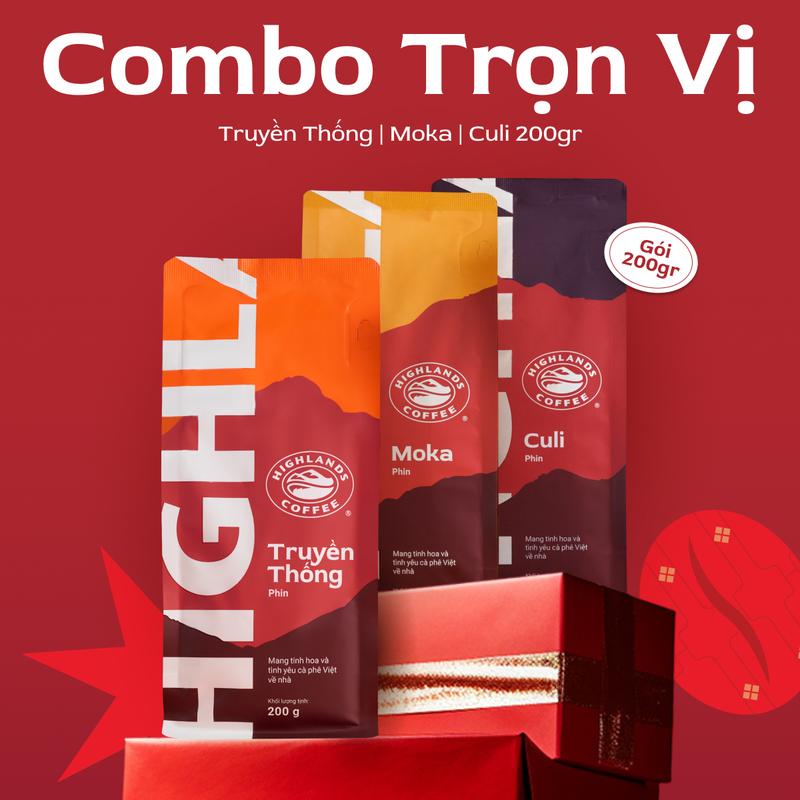 Combo Trọn Vị Bộ 3 Cà phê rang xay Culi Moka Truyền Thống Highlands Coffee 200g Cafe