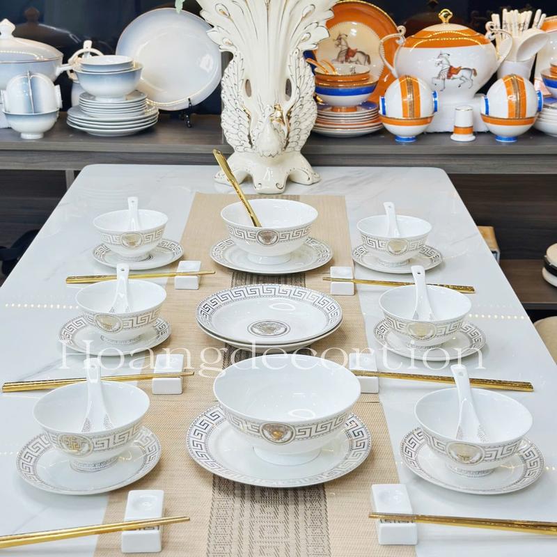 Hoangdecoration Bộ Chén Bát Đĩa 37 Chi Tiết Trắng Viền Vàng Cao Cấp Sứ Xương Trắng Men Sáng Bóng Sang Trọng Dành Cho Bữa Ăn Gia Đình Hoặc Tiệc Tùng
