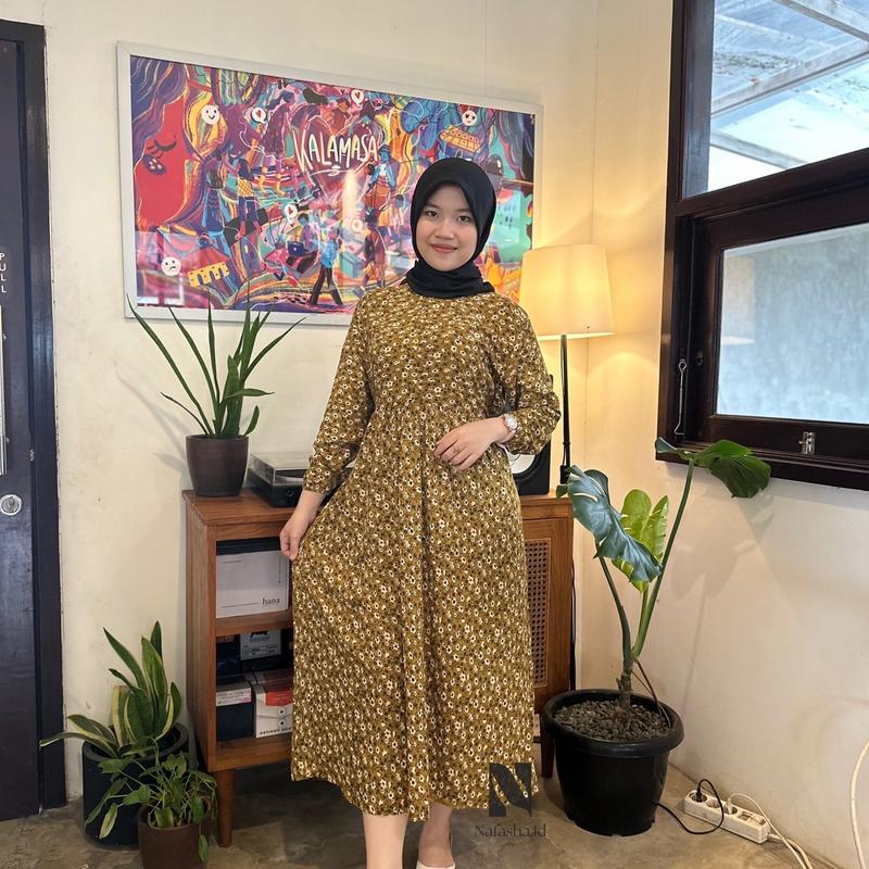 Midi Dress Flowers Busui Frendly Santai Rayon Premium Motif Bunga Cantik Nyaman Menyusui Muslim Baju Gamis Casual Katun Panjang Samping Lembut 2