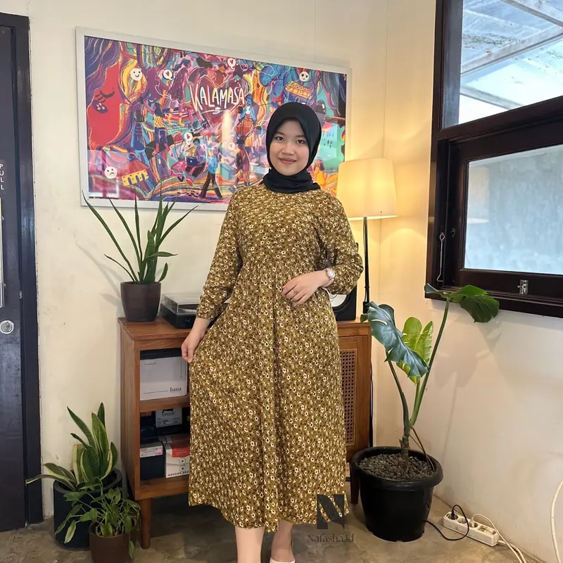Midi Dress Flowers Busui Frendly Santai Rayon Premium Motif Bunga Cantik Nyaman Menyusui Muslim Baju Gamis Casual Katun Panjang Samping Lembut 2
