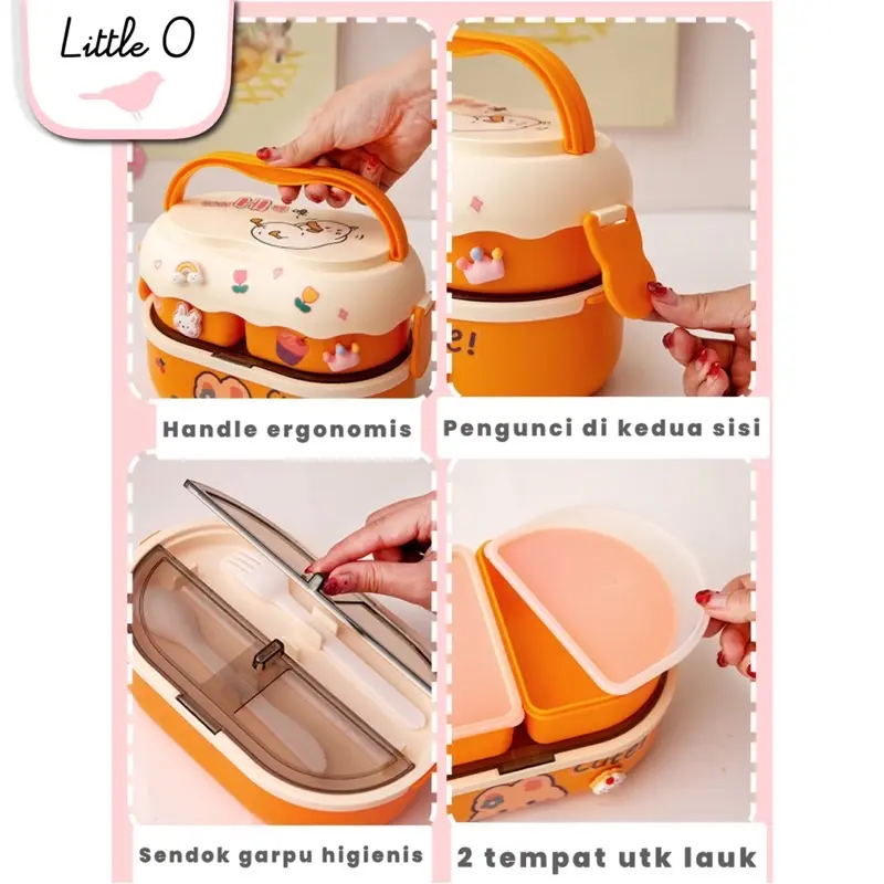 Little O BEAR DUCK 2 layers lunch box set with cutlery tempat bekal dua susun kotak bekal anak tempat bekal karakter kotak bekal murah 6