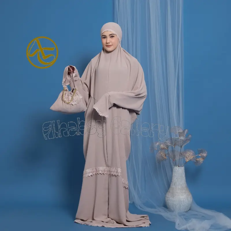 Mukena Terusan Dewasa Dubai Penutup Dagu Crinkle Airflow Premium Mewah Renda Motif 5