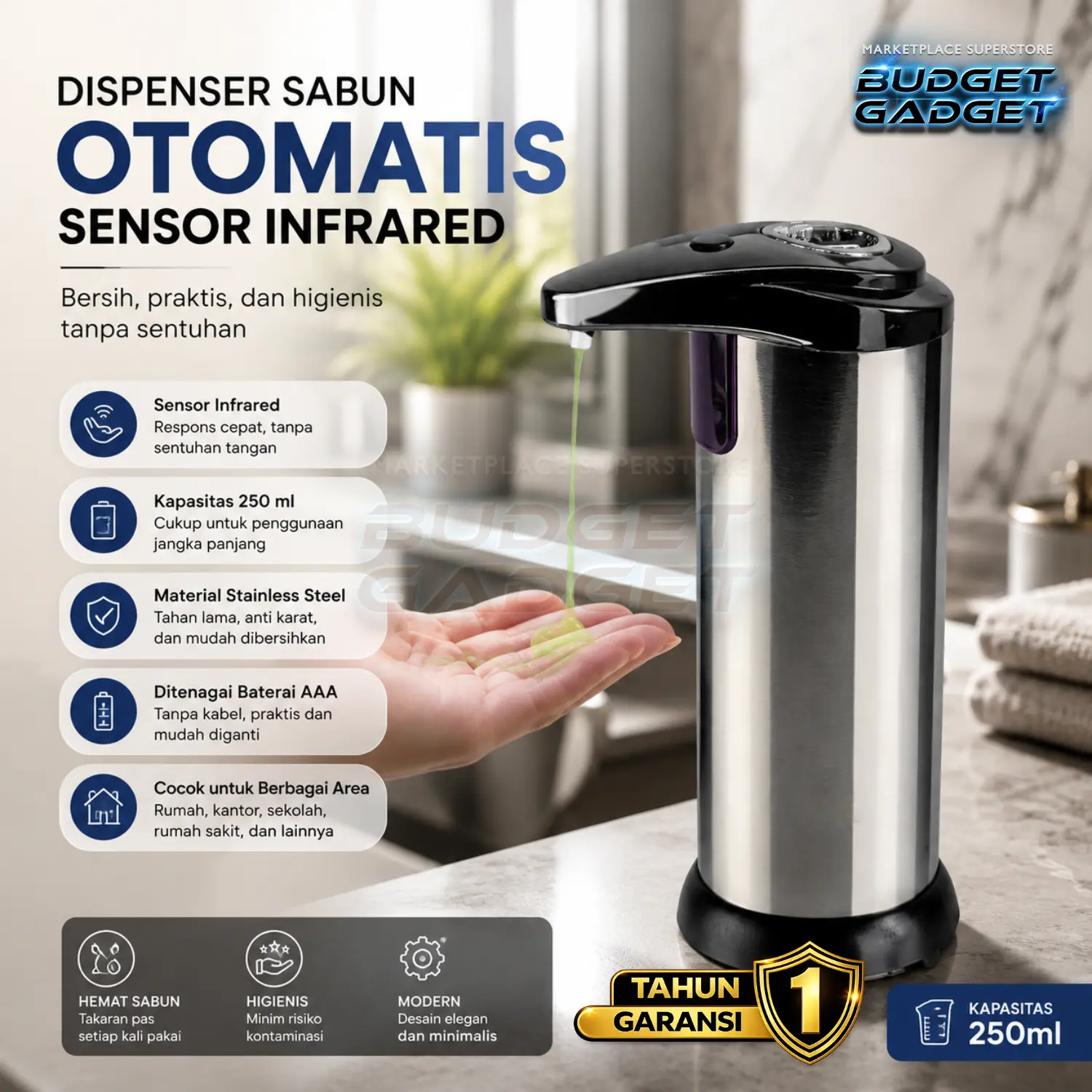 Dispenser Tempat Sabun Sensor Otomatis Stainless Steel Sensor Automatic Soap Dispenser Tanpa Sentuh Garansi 1 Tahun