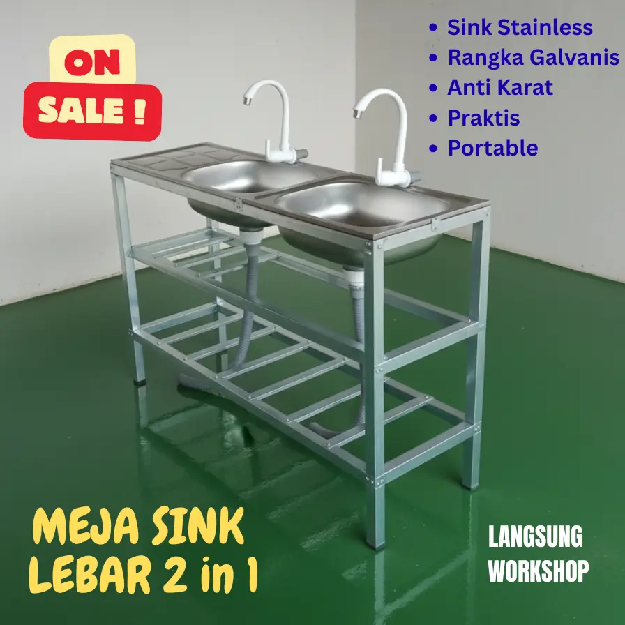 KITCHEN SINK PORTABLE 2 LUBANG, bak cuci piring panjang 125 cm, wastafel portable 2 lubang rangka kokoh Kran