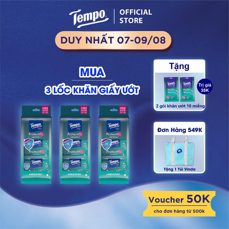 [MUA 3 LỐC TẶNG 1 GÓI KHĂN ƯỚT] Khăn giấy ướt Mini Tempo Protect Ngăn Ngừa Vi Khuẩn cao cấp - Diệt khuẩn 99% - Thương hiệu Đức