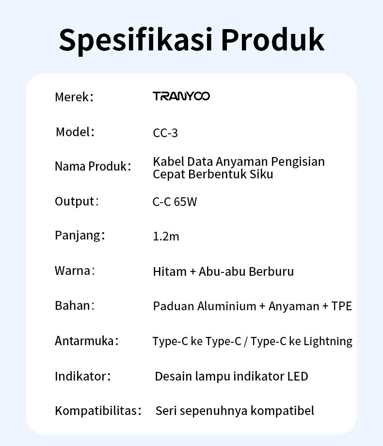 TRANYOO Kabel Data 65W Type-C ke Type-C / 30W Lightning(iPhone), desain siku 90°, cocok untuk iPhone, Samsung, OPPO, VIVO, Xiaomi, POCO, realme, Infinix & Android. Konektor emas, panjang 1,2m, cocok untuk ponsel & tablet, model CC-3. TRANYOO Kabel Data 65W Type-C ke Type-C / 30W Lightning(iPhone), desain siku 90°, cocok untuk iPhone, Samsung, OPPO, VIVO, Xiaomi, POCO, realme, Infinix & Android. Konektor emas, panjang 1,2m, cocok untuk ponsel & tablet, model CC-3.