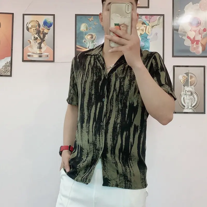 Áo Sơ Mi Shirt Ngắn Tay - Hoạ Tiết  Loang Xanh - Chất Liệu Lụa Hàn Mát Mẻ Form Rộng Menswearr 0
