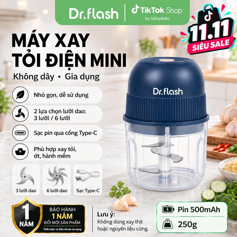 Dr.flash Máy xay tỏi điện mini gia dụng – không dây – pin 500mAh – 250g