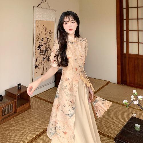 Product Introduction of Đầm dài Xường Xám 2024 Cho Phụ Nữ tay ngắn A-Line Thanh Lịch Truyền Thống Quần Áo Cho Đền hàng ngày đơn giản Những Dịp đồng phục học sinh Áo dạ tiệc dài Căng Ra Women Dress Kim Tuyến 2
