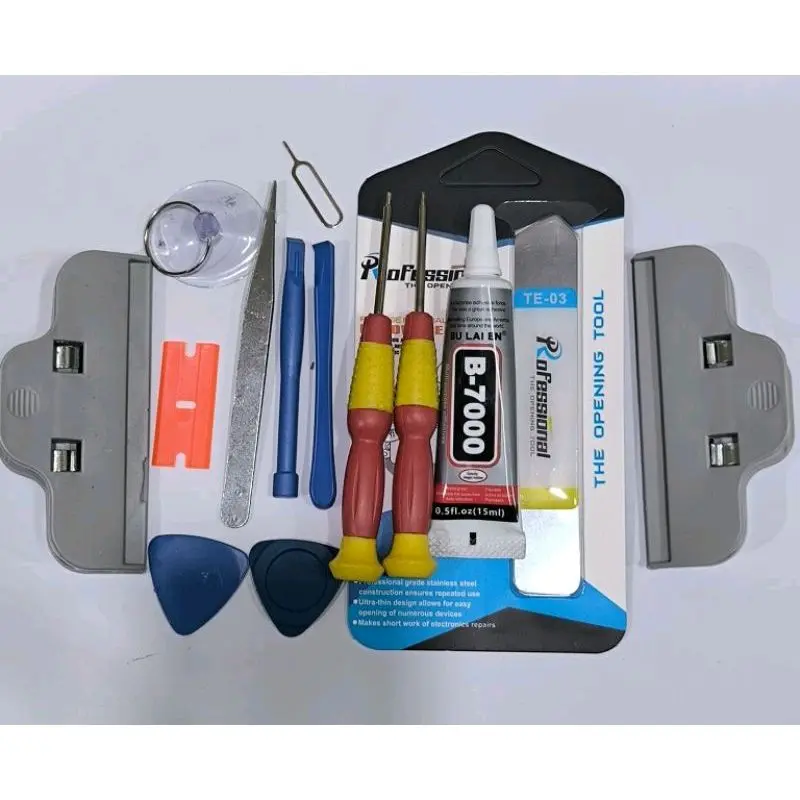 Sepaket tools Set Alat servis hp Obeng 10 in 1 + Penjepit Lebar Lcd 2Pcs + Besi Congkel TE-03 + Lem B7000 15ML