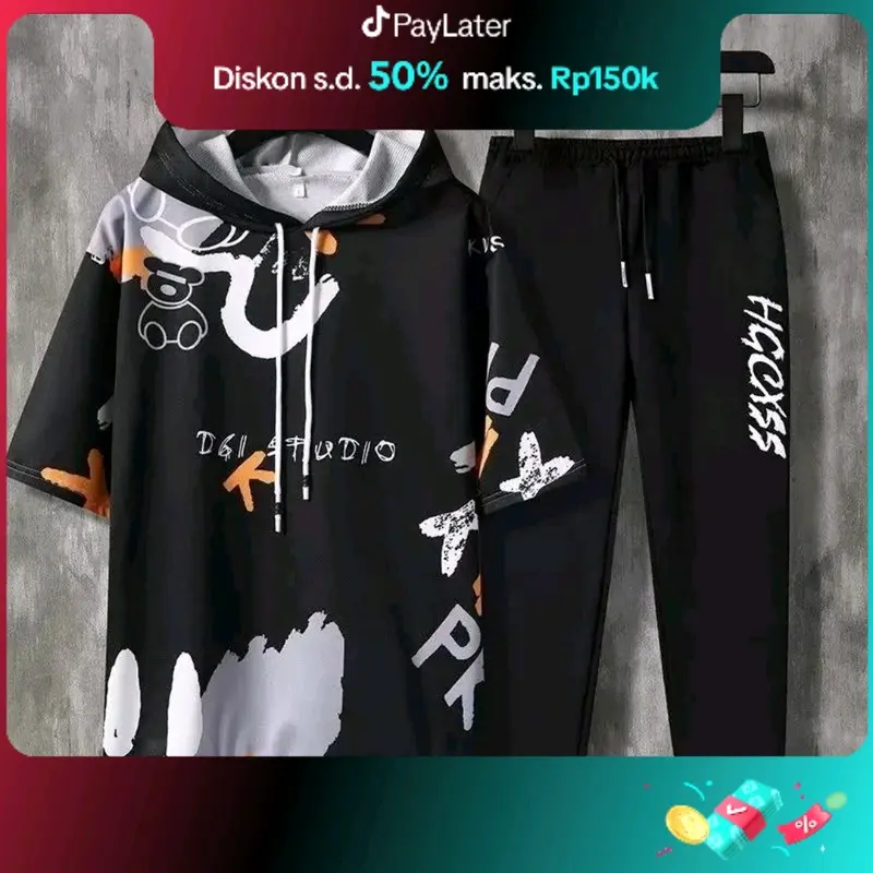 Bisa Cod/kaos distro cowok/Setelan Jogger Kp - Setelan Atasan Kaos Pria/1 set outfit cowok Celana Hoodie 0