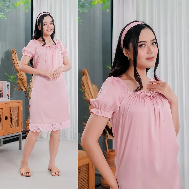 Shebia - Dress wanita Daster Kekinian Renda Dari Rayon Twil Premium Free Bandana Busui Bumil Dewasa Pendek Twill Tidur  Remaja 0