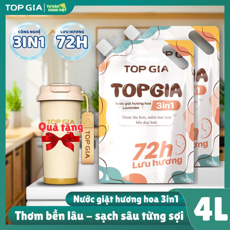 (COMBO SẠCH XINH - NHẬN BÌNH CỰC XỊN) 4L nước giặt topgia hương nước hoa lavender lưu hương 72h cho mẹ và bé, da nhạy cảm, sạch khuẩn, khử mùi, thơm lâu tặng bình giữ nhiệt nxl thơm bền lâu sạch sâu từng sợi