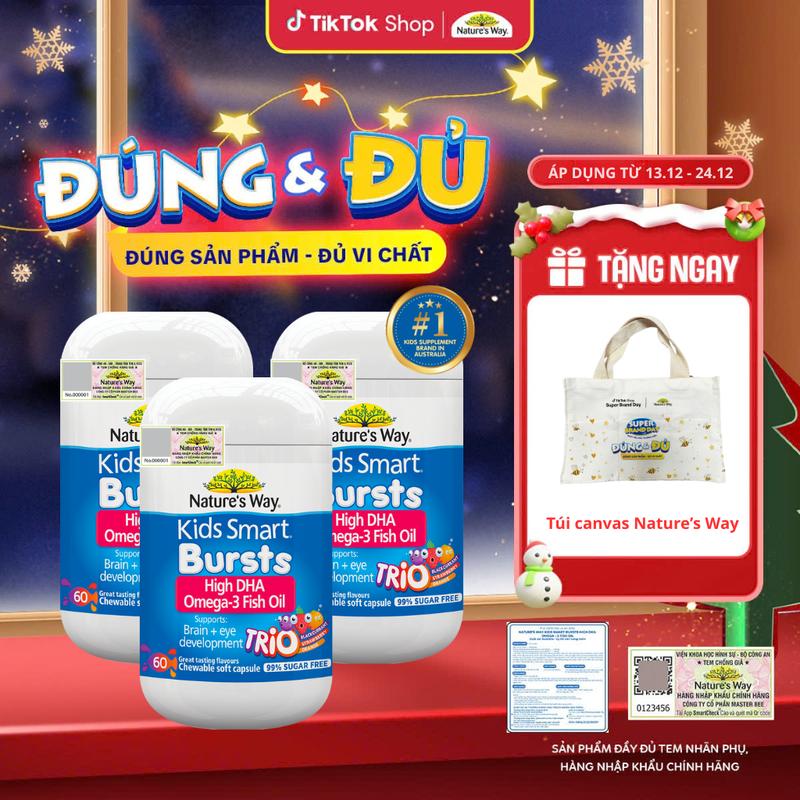 NW TẶNG TÚI CANVAS Combo 3 hộp Viên Nhai DHA Trio Dầu Cá 3 Màu Nature's Way Kids Smart Omega 3 Fish Oil Trio Bổ Sung DHA Cho Bé Hộp 60 viên - Bổ Sung Omega-3 Cho Trẻ