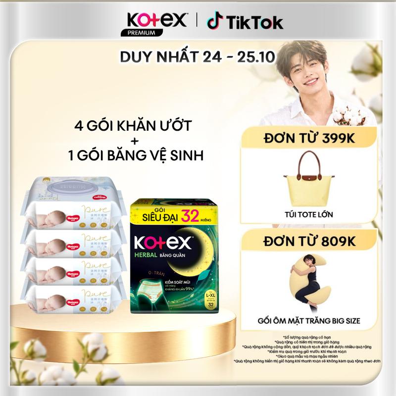 Băng Vệ Sinh Dạng Quần Kotex Thảo Dược Ban Đêm Cỡ L/XL 32 Miếng/Gói + 4 gói khăn giấy ướt cho trẻ sơ sinh HUGGIES (Gói 72 tờ)/4 gói khăn giấy ướt không mùi cho trẻ sơ sinh HUGGIES (Gói 80 tờ)/4 Gói Khăn ướt Huggies Golden Wet Wipes 80 miếng