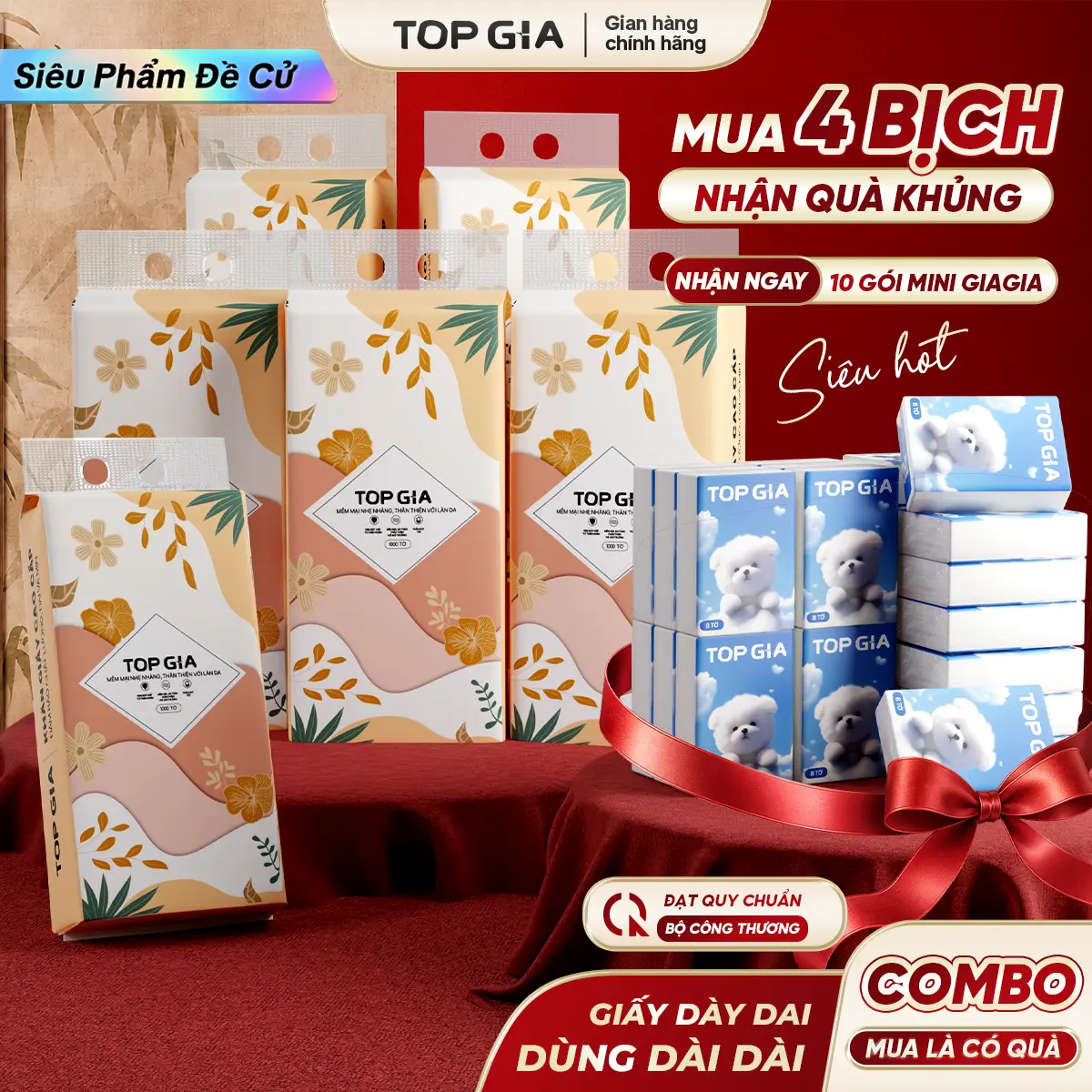 [MUA 4 TẶNG 10]Thùng 4 Bịch Khăn Giấy Tiểu Hạ TOP GIA 4 Lớp Mềm Mịn, Thành Phần Bột Gỗ Tự Nhiên Thân Thiện An Toàn, Khăn Giấy Vệ Sinh 1000 tờ, Tặng 1 móc treo ĐẠT QUY CHUẨN CỦA BỘ CÔNG THƯƠNG VTG86