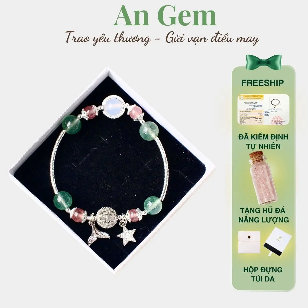 Vòng tay An gem đá dâu tây xanh mix hồng Full charm, lắc tay phối đá tự nhiên phụ kiện nữ đeo tay tinh tế quà tặng sinh nhật giáng sinh Noel Tết Valentine [TẶNG HŨ ĐÁ NĂNG LƯỢNG]
