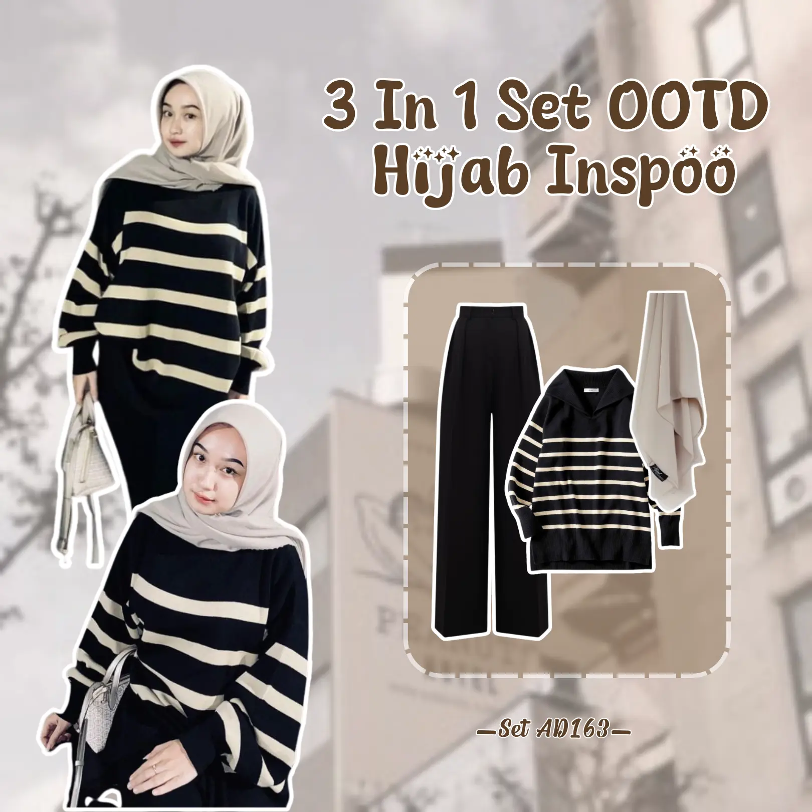 3 In 1 Set Hijab Korean Style Wanita Kekinian Simple Celana Kulot Sweater Stripe Hijab Set - AD163