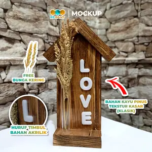 REBANT (PAKET LENGKAP) Vas Bunga Meja Kayu Bentuk Rumah - Finishing Plitur, Vas Bunga Home Love Family Bahan Kayu Pinus, Murah Homemade Aesthetic, Include Tub + FREE BUNGA KERING