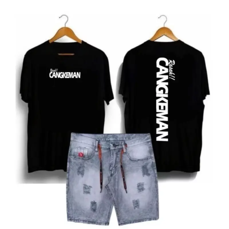 {CANGKEMAN} setelan kaos cangkeman dan celana jeans sobek pendek