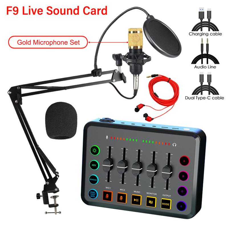 Product Introduction of F9 Live Podcast Equipment Bundle, Live Sound Card Broadcast Device Microphone Audio Set, Computers Phones Wireless BT Connection for Streaming/Live Broadcast/Recording 10