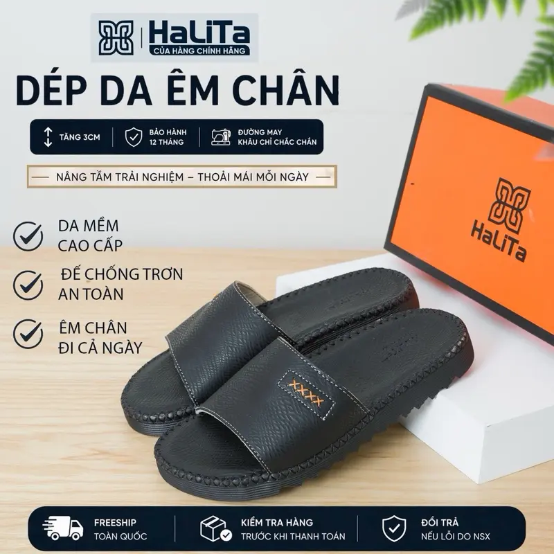 [ HaLiTa ] Dép Nam Đẹp Doctor Da Chống Nhăn Cao Cấp , Hạn Chế Trầy Xước , Đế Cao Su Nhẹ Và Êm , Thiết Kế Răng Cưa Bám Đường Tốt .