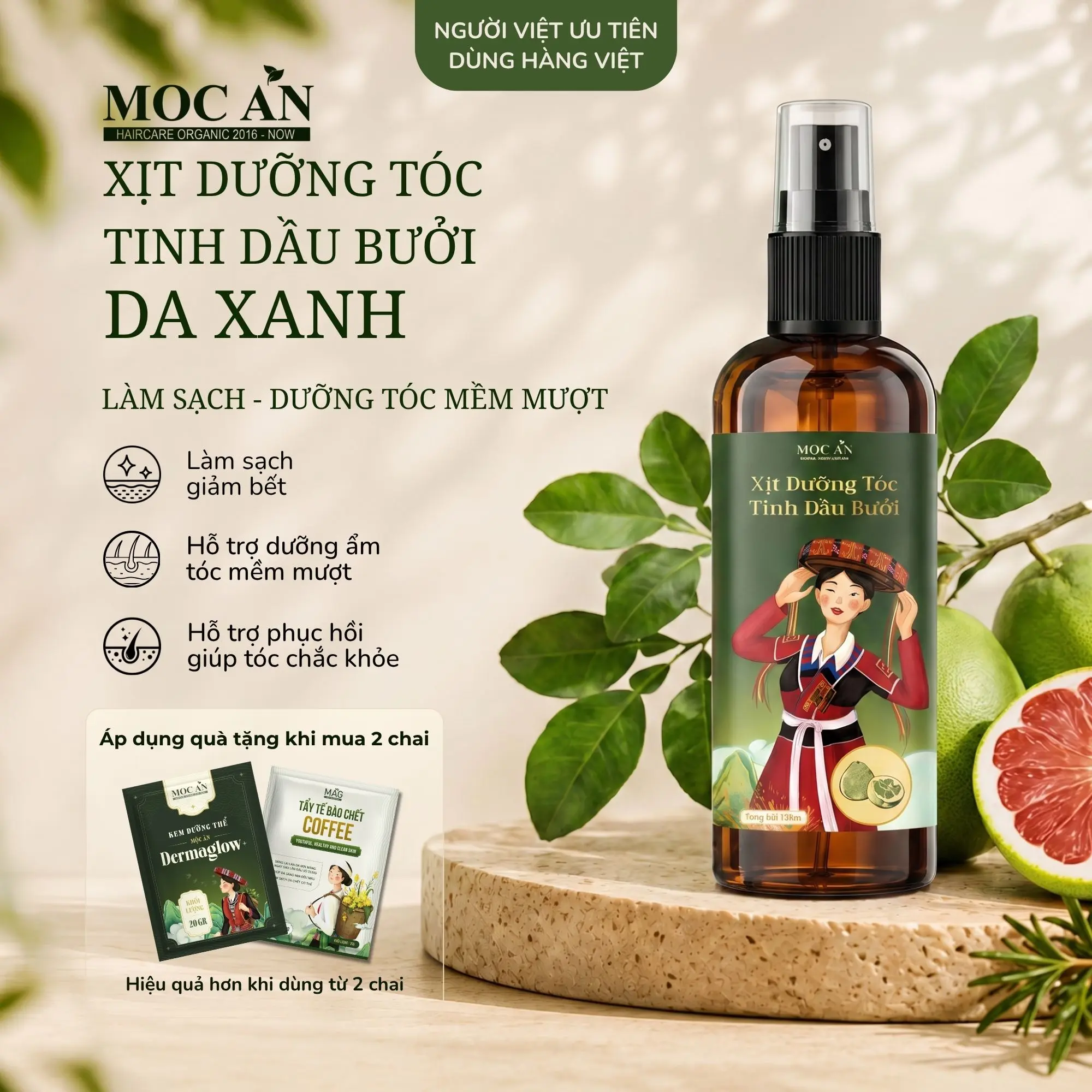 Xịt Dưỡng Tóc Tinh Dầu Bưởi Da Xanh Mộc Ân Haircare 120ml - Dưỡng Tóc Yếu, Dễ Gãy Rụng