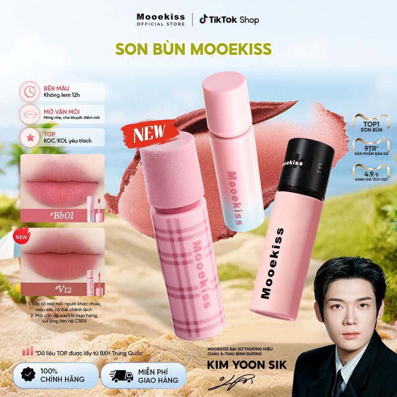 Son bùn Mooekiss chất son đá xay mịn mượt trên môi, dưỡng ẩm môi, hạn chế lộ rã