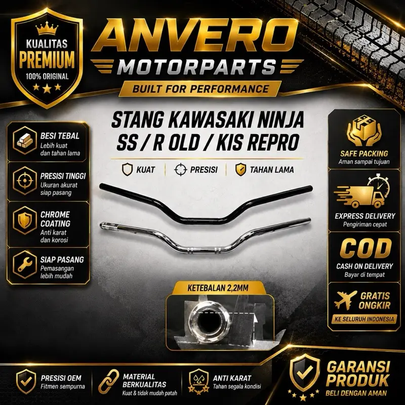 Stang Motor Kawasaki Ninja SS / Ninja R Old / KIS Repro Besi Tebal 2.2mm Presisi OEM Anti Karat | ANVERO MOTORPARTS